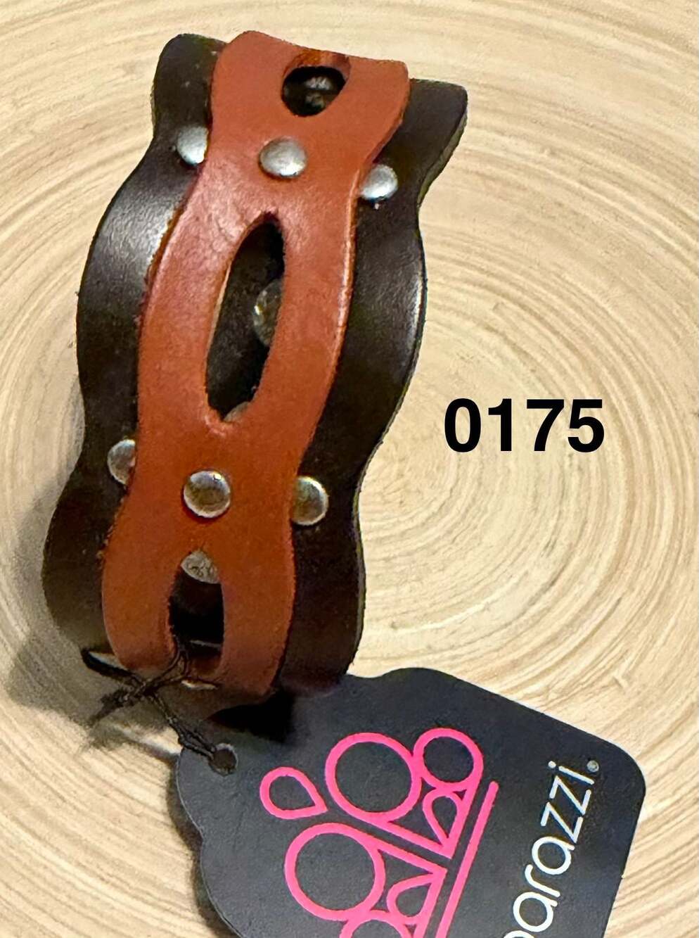 175 Paparazzi Spurs of the Moment Two-Tone Brown Leather Rivet Snap Bracelet